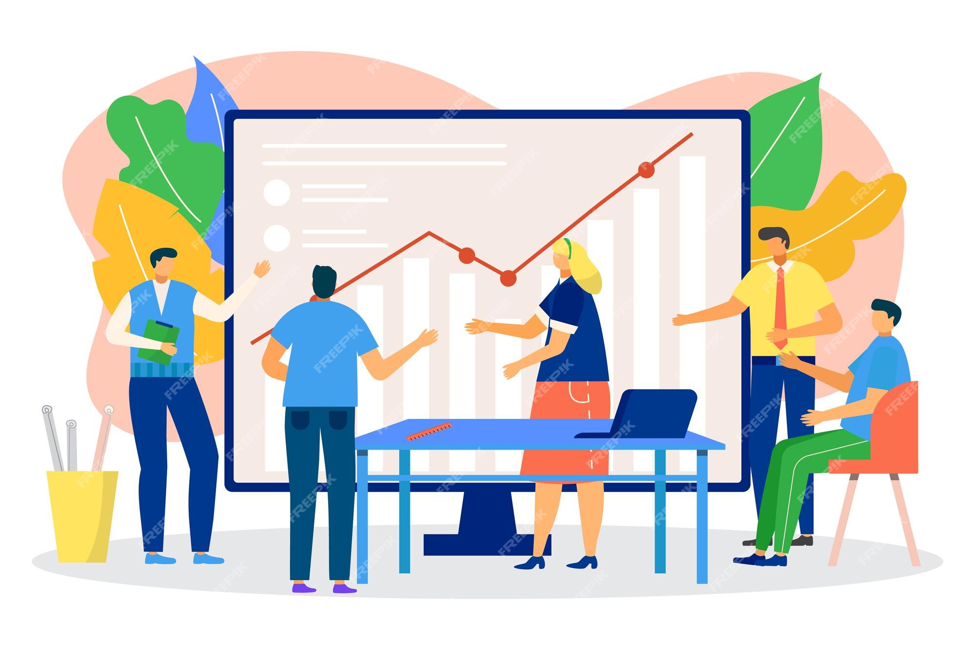business graph meeting vector illustration flat man woman character teamwork office team people work with chart presentation group strategy discussion communication conference 109722 3262